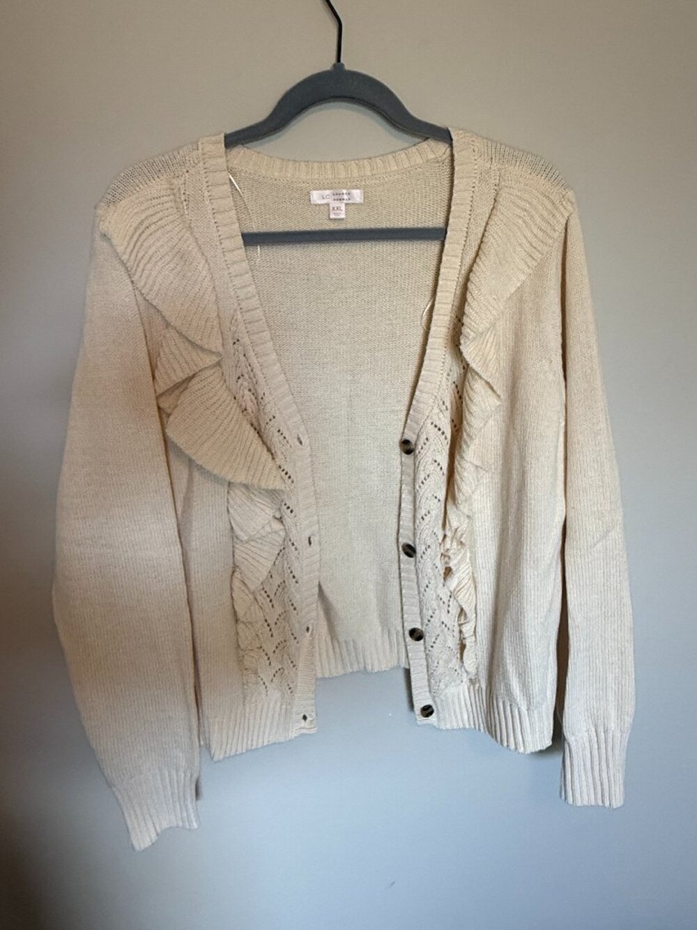 LC Lauren Conrad Ruffle Front Cardigan Sweater XXL Cream Knit NWOT